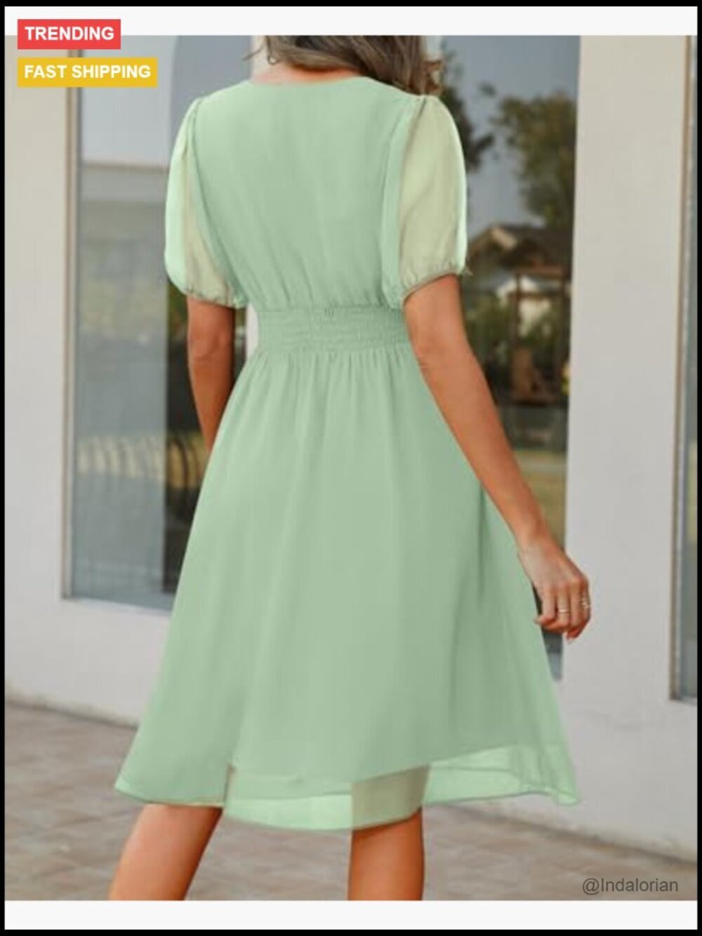 Chiffon Summer Casual Dress V Neck Short Sleeves Smocked Waist Swing - Picture 3 of 6